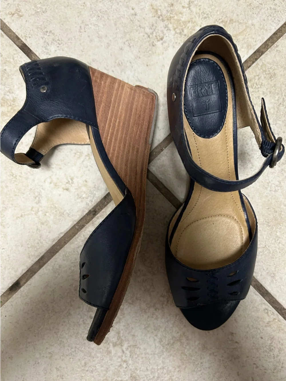 Frye Navy Leather Peep-Toe Ankle Strap Heels - Picture 3 of 5